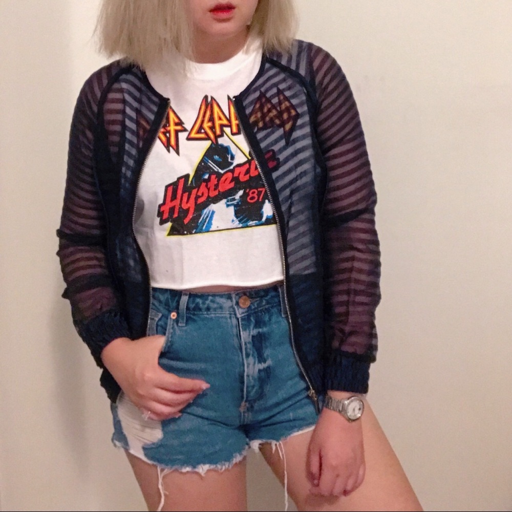 ZARA Sheer Stripe Navy Blue Bomber Jacket